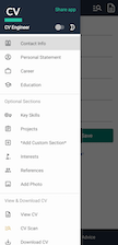 CV Engineer app showing the main menu of our resume builder